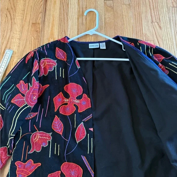 Chico's Black Lined Open Jacket with Vibrant Embroidery. Chicos Size 2 (M-L) - Picture 3 of 6